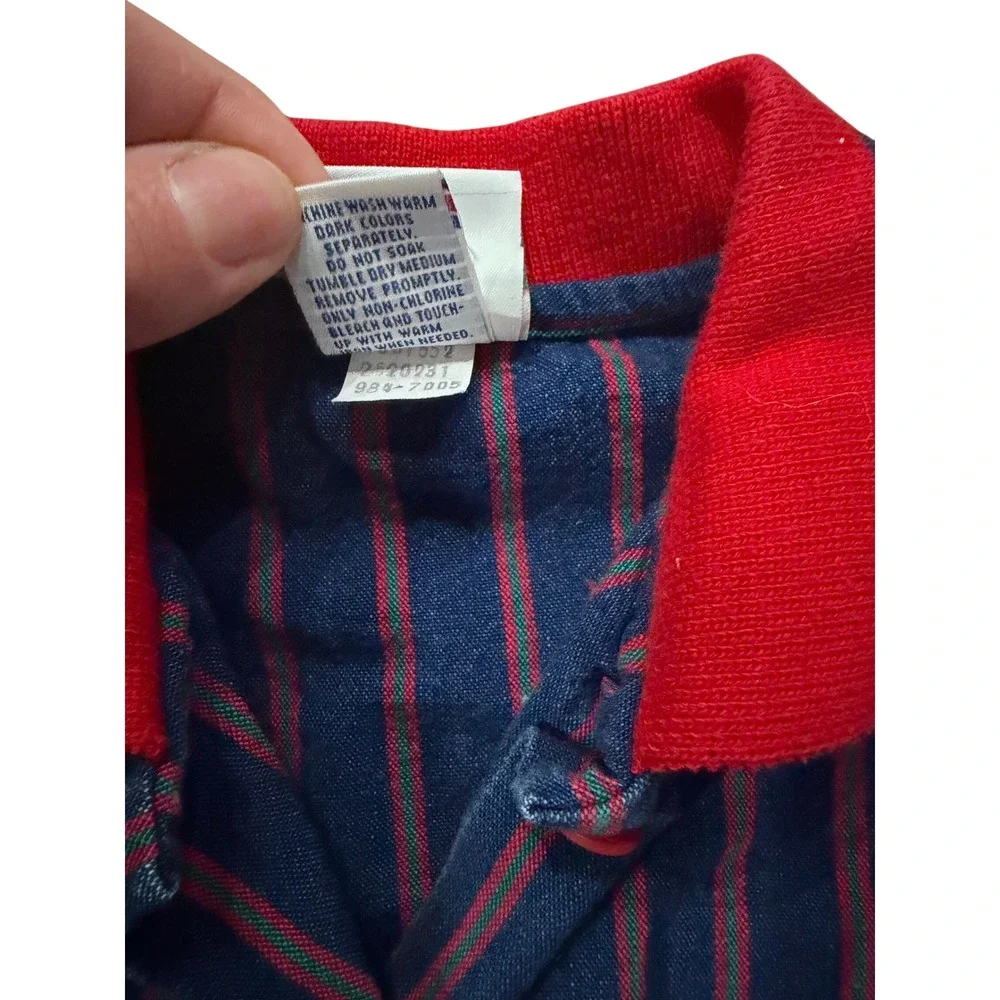Vintage OshKosh B'Gosh Girls 6 Navy Blue Red Floral Striped Denim Dress USA Made